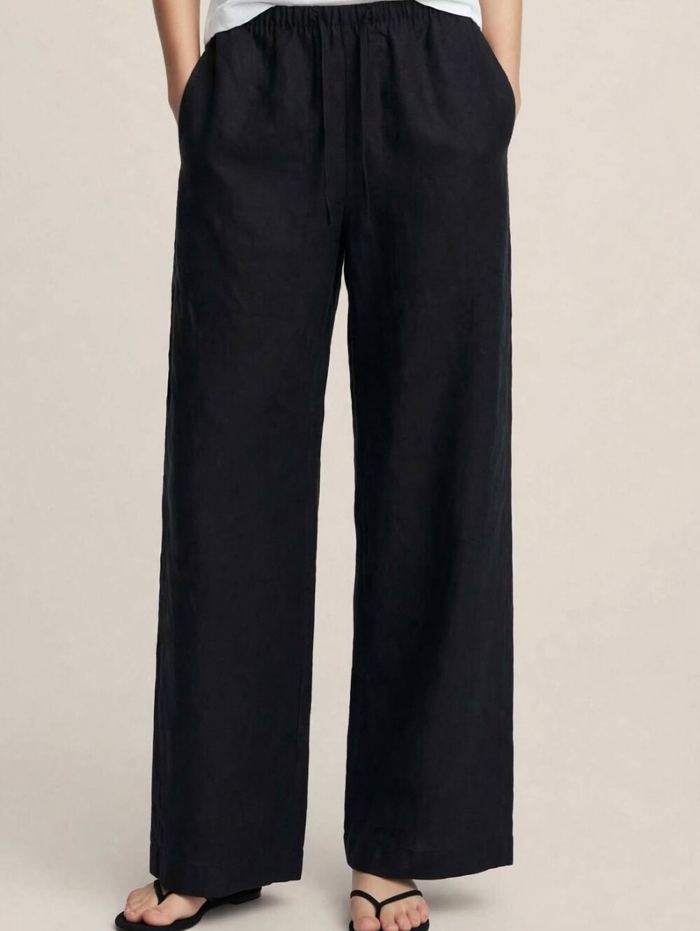 Calvin Klein Black Linen Blend Wide Leg Pants XS - Drawstring Waist 56% Linen